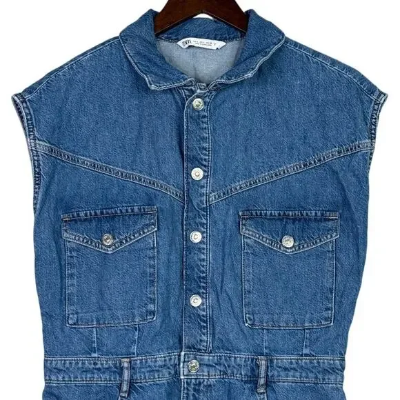 Zara Sleeveless Collard Button Denim Short Jean Shorts Romper L Dark Wash Blue - Picture 3 of 15